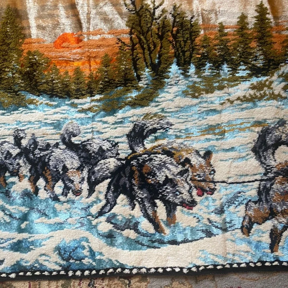 Vintage Velvet Tapestry Dog Sled Team Musher Winter Sunset Wall Hanging 38x19
